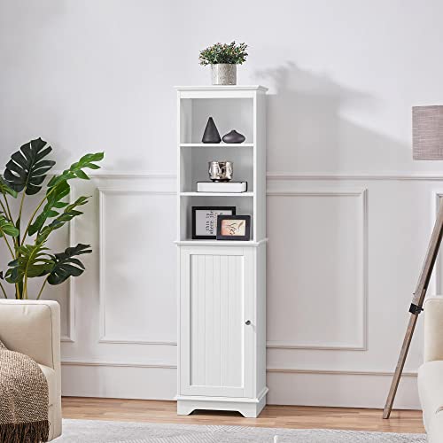 Yaheetech Tall Slim Bathroom Storage Cabinet with 3 Shelves, Enclosed Door, and Modern Design in White - WoodArtSupply