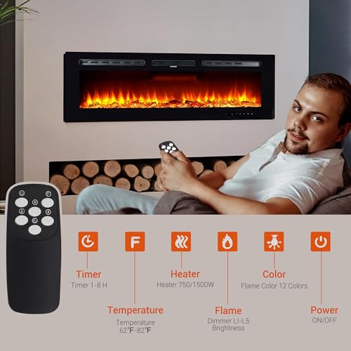 Fireplace, 50 Inch Recessed & Wall Mounted, 750W/1500W Dual Heater, Adjustable Brightness/Carbon Bed Colors/Touch Screen/12 Realistic Ember Color Fireplace, Mount Black PeakPursuit