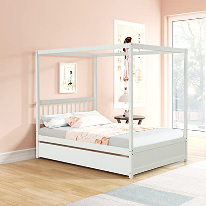 Bellemave Full Size Canopy Bed with Twin Size Trundle, Wood Full Platform Bed with Headboard, Modern 4 Poster Panel Bed for Kids, Teens, Adults. No Box Spring Needed (White)