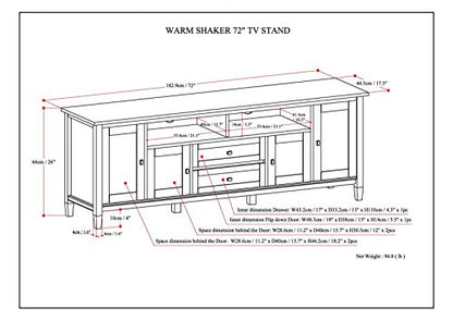 SIMPLIHOME Warm Shaker SOLID WOOD Universal TV Media Stand, 72 Inch Wide, Farmhouse Rustic, Living Room Entertainment Center, for Flat Screen TVs up to 80 Inch in Tobacco Brown