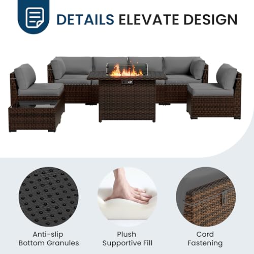 Amopatio 8 Pieces Patio Furniture Set with Fire Pit Table, Outdoor Furniture Sectional Rattan Sofa with Slanted Back, Patio Couch with Glass Coffee Table for Backyard Garden (Dark Grey)