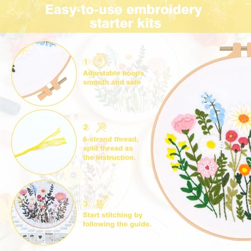 RidaaFri Embroidery Kit for Beginners, Set of 3 Flower Pattern DIY Practice Kits for Adults, Hand Embroidery Set with Step-by-Step Guide & Video Tutorial, Includes Hoop, Needles, Floss