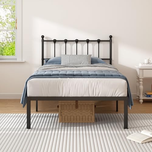 Kujielan Twin Size Bed Frame with Modern Headboard, Metal Platform Bed Base with Strong Support, No Box Spring Needed, Easy Assembly, Noise Free，Black Kujielan