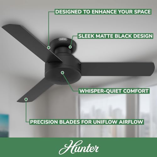 Hunter Fan 52401 Presto 44-Inch Low Profile Ceiling Fan with Wall Control, Whisper-Quiet Motor, 3-Speed Reversible Airflow, Matte Black Finish, Flush Mount Hunter