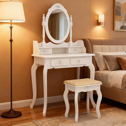 European - Style 4 - Drawer Single - Mirror Dressing Table Set in White - 360 - Degree Rotating & Removable Mirror Generic