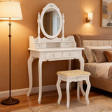 European - Style 4 - Drawer Single - Mirror Dressing Table Set in White - 360 - Degree Rotating & Removable Mirror Generic