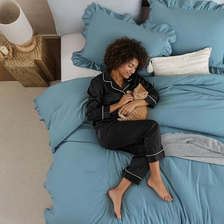 JANZAA Comforters Queen Size Mineral Blue Comforter Set Queen 3PCS(1 Ruffled Comforter Set and 2 Pillowcases) Shabby Chic Bedding Vintage Soft Fluffy Bed Set for All Season JANZAA