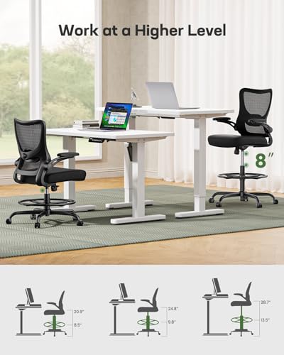 Marsail Drafting Chair, Tall Office Chair with 2D Lumbar Support, Standing Desk Chair with Padded Flip-Up Armrests & Adjustable Footrest Ring, Black Marsail