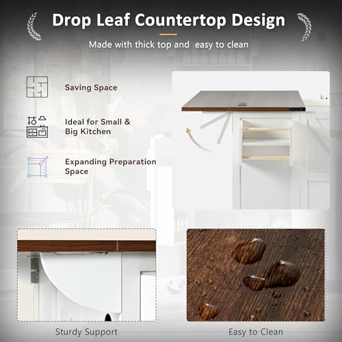 YOPTO Farmhouse Kitchen Island with Power Outlet,Kitchen Storage Island W/Internal Storage Rack,Drop Leaf,Spice Rack,Rolling Kitchen Cart on Wheels for Home,Kitchen and Dining Room,White,54.5" YOPTO