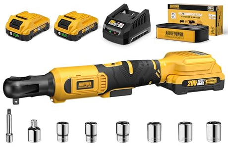 3/8" Cordless Ratchet Wrench Set, 60FT-LBS(80N.m) Electric Ratchet, 2 X 20V Chargeable Power Ratchet Wrench with Variable Speed, LED Light, 6 Sockets, 1/4" Adapter, 3" Extension Rod ALLOY POWER