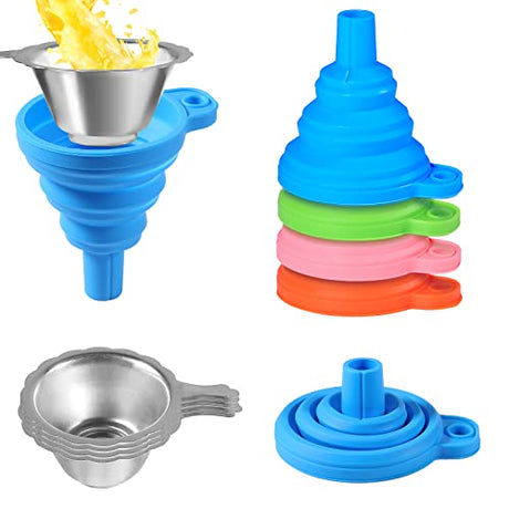 Coliao 8 Pack 3D Printer Accessories Resin Filter Funnel Set 4 Stainless Steel Filter Cups and 4 Collapsible Silicone Funnels for Filling Resin Printer Accessories Back into Bottles Coliao