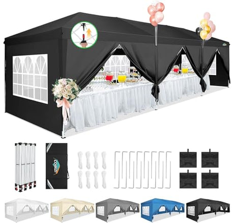 COBIZI 10x30 Canopy Party Tent with 8 Walls 10x30 Pop Up Canopy for Parties Waterproof UPF 50+ Outdoor Commercial Event Tent for Party Backyard Gazebo Canopy with Sidewalls & Sandbags(Black,10x30ft COBIZI