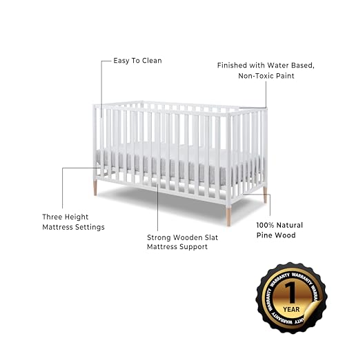 Sorelle Furniture Mia Crib Classic 3-in-1 Convertible Crib, Made of Sustainable Beech Wood, Wooden Baby Bed, Toddler and Child’s Daybed, with Removable Feet, Simplistic Nursery Furniture (White) Sorelle