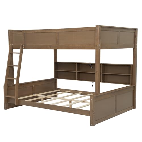 Merax Wooden Bunk Beds Full XL Over Queen for Teens Adults, Farmhouse Full XL Over Queen Low Bunk Bed with Storage Shelves and Charging Station and Inclined Ladder for Dormitory, Wood Merax