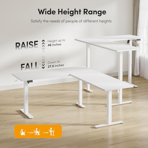 CubiCubi L Shaped Standing Desk 63 x 55 Inch Adjustable Height, Electric Corner Desk, Sit Stand Home Office Desk with Splice Board, White CubiCubi
