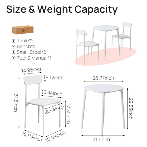 walsport Round Dining Table Set for 2, Wood Tabletop with Strong Metal Frame, Modern Dinette with Chairs for Kitchen,White walsport