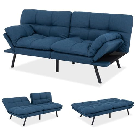 MUUEGM 71-Inch Convertible Futon Sofa Bed with Adjustable Backrest & Removable Armrests, Foldable Sleeper Loveseat for Small Space Living Room, Studio Apartment, Home Office，Blue MUUEGM