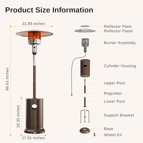 EAST OAK 48,000 BTU Patio Heater for Outdoor Use With Round Table Design, Double-Layer Stainless Steel Burner and Wheels, Outdoor Patio Heater for Home and Commercial, Bronze, 31.9" x 31.9" x 86.6" EAST OAK