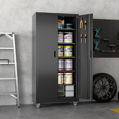 JAORD Garage Storage Cabinet with Wheels and Pegboard, Lockable Metal Storage Cabinet with 5 Adjustable Shelves and 4 Hooks for Garage,Warehouse, Assembly Required, Black, 71" H x 34" W x 18" D JAORD
