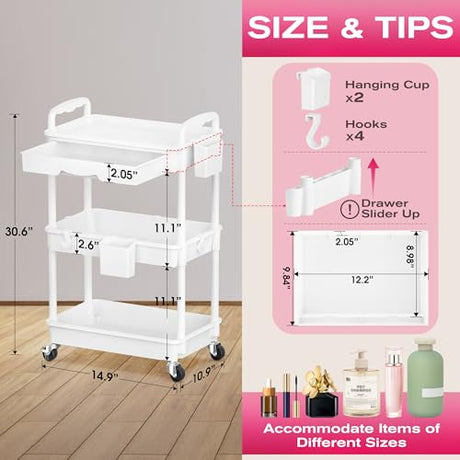 Goovilla Rolling Makeup Organizer Cart with Removable Drawer, 3 Tier Stable White Floor Skincare Storage Cart for Vanity, Cosmetic Display, Nail Polish, Perfume, Hair Stuff, Beauty, Bathroom(Plastic) Goovilla
