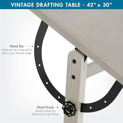 Studio Designs Wood Drawing/Drafting Table with Pencil Ledge - 42" W x 30" D - Whitewash - Tilting Top Adjustable Desk SD STUDIO DESIGNS