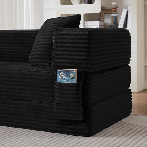 KEIKI 78" Futon Folding Sofa Bed, 4-in-1 Boneless Couches for Living Room, Oversized Comfort Corduroy Upholstered Sleeper Pull Out Bed for Small Space Bedroom Lounge, Removable Armrests, Black KEIKI