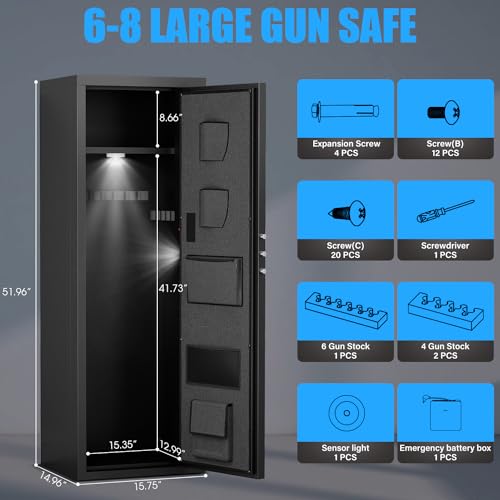 Riflevault 6-8 Rifle Gun Safe for Shotguns, Large Unassembled Gun Safe for Home Rifle and Pistols with Dual Alarm and Mute Mode, Long Gun Cabinet for Rifles with Touchscreen Pad, Removable Shelves Riflevault