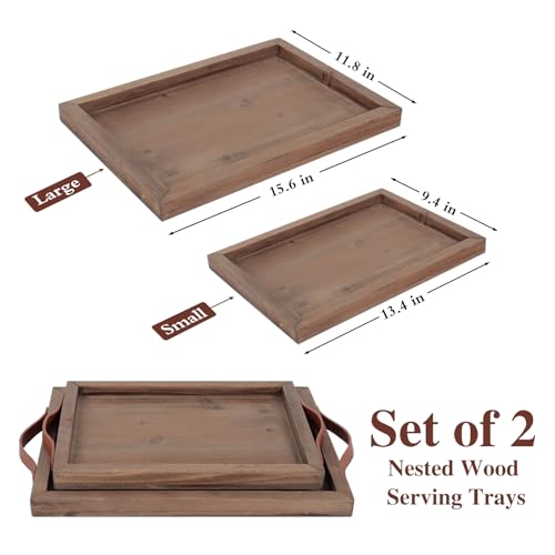 Geevon 2 Set Rustic Wooden Serving Tray with Handles, Large Wooden Ottoman Tray, Nesting Trays for Serving Food, Coffee Table, Stylish Farmhouse Decor Serving Trays, Brown Geevon