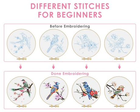 TINDTOP Embroidery Kit for Adults, Flowers and Bird Embroidery Practice Kits for Beginners Adults Include Embroidery Cloth Hoops Threads for Craft Lover Hand Stitch TINDTOP