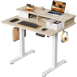 JOY worker Small Electric Standing Desk, 35" x 25" Height Adjustable Desk with Built-in Monitor Stand & Storage Drawer, White Sit Stand Desk with 2 Hooks for Home Office, Light Walnut JOY worker
