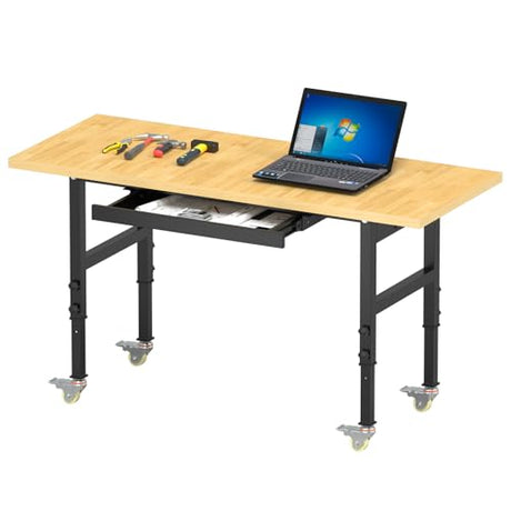 Sylritha 60" Work Bench with Storage, Adjustable Workbench with Drawers, Heavy-Duty Work Bench with Power Outlets, 3000 LBS Garage Workbench, Work Table with Wheels for Workshop, Office Sylritha