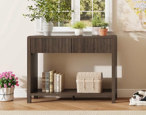 FATORRI Console Entryway Table, Narrow Wooden Sofa Table with 2 Drawers, 39.37 inch Modern Foyer Tables and Couch Tables Behind Sofa for Living Room, Hallway (Dark Walnut) FATORRI