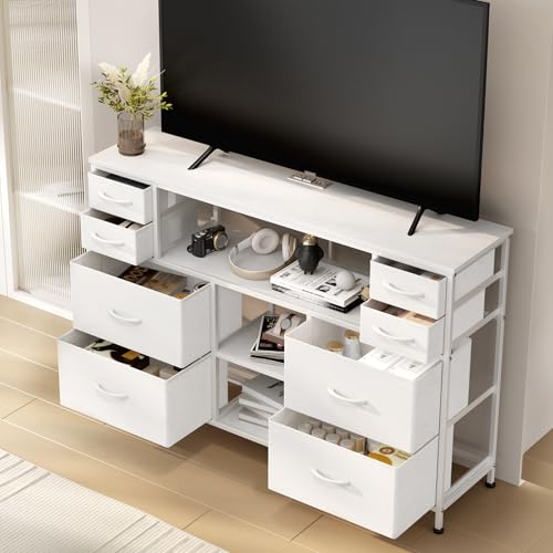 Leadpro TV Stand with LED Lights and Power Outlet, TV Dresser for 55 inches, Media Console Table with Drawers Cabinet and Open Storage Shelf Furniture Cabinet for Living Room,White Leadpro