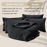 HYMOKEGE Black Queen Comforter Set Seersucker 7 Pieces, All Season Luxury Bed in a Bag for Bedroom, Bedding Set with Comforters, Sheets, Pillowcases & Shams HYMOKEGE