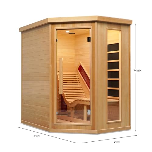 AURGOD Corner Sauna for 1 Person, Infrared Wooden Sauna Room, Luxurious Canadian Hemlock Home Sauna with Recliner, 2300 W 8 Heating Element, Low EMF Full Size Indoor Spa-Fast Delivery AURGOD