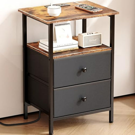Smoproper Nightstand with Charging Station, Bedside End Table with 2 Fabric Drawers for Bedroom, Side Table with USB Ports and Outlets (Brown Black) Smoproper