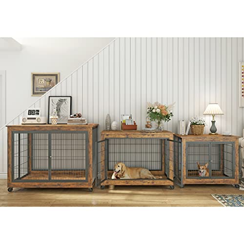 IchbinGo Dog Crate Furniture, Wooden Dog Crate Table, 43.7" Dog Kennel with 3 Doors, Flip-up Top Opening and Wheels, Decorative Pet Crate House for Large/Medium/Small Dog Indoor Use (Rustic Brown) IchbinGo