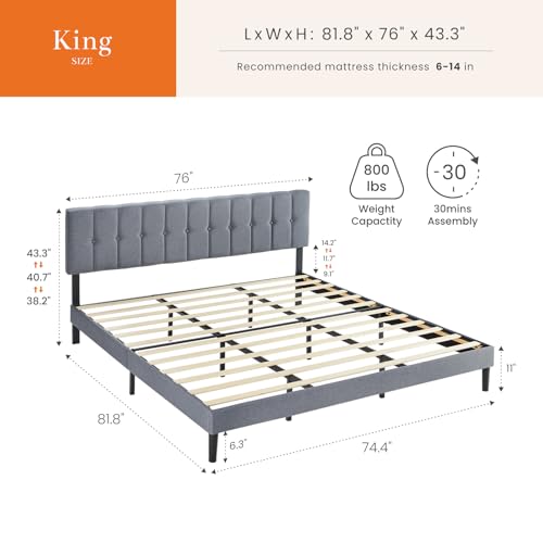 Sweetcrispy King Size Bed Frame - Fabric Upholstered Platform Bed with Headboard, 800LBS Sturdy Wooden Slats Support, No Box Spring Needed, Noise Free, Easy Assembly, Grey Sweetcrispy