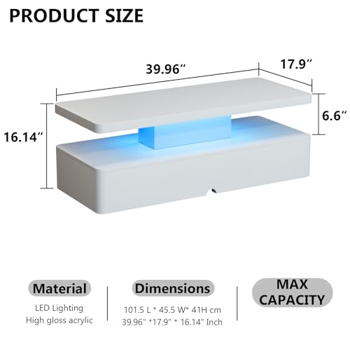 oneinmil Modern Stylish Coffee Table with 16 Colors LED Lights, Double-Layer Design for Living Room, White - WoodArtSupply