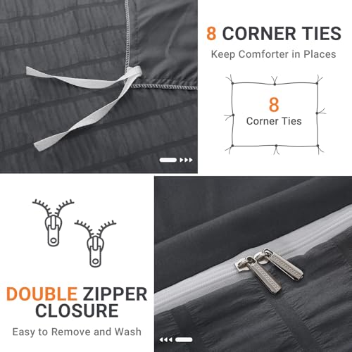 HYMOKEGE Dark Grey Duvet Cover Queen Size, Ultra Soft 3-Piece Seersucker Duvet Cover Set with Zipper Closure, Soft Brushed Microfiber Bedding Set with 8 Corner Ties (90"x90", 2 Pillowshams) HYMOKEGE