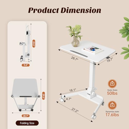 JYLH JOYSEEKER Foldable Mobile Standing Desk, 90 Tiltable Rolling Standing Desk, Height Adjustable Portable Laptop Workstation for Home Office, Easy to Fold, White JYLH JOYSEEKER