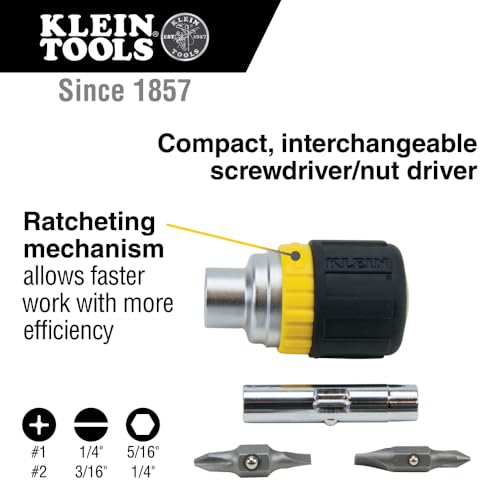 Klein Tools 32593 Multi-bit Ratcheting Screwdriver, 6-in-1 Stubby Tool with Phillips and Slotted Bits and 2 Nut Driver Sizes Klein Tools