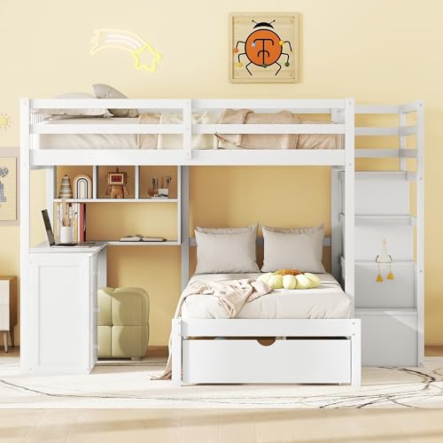 Harper & Bright Designs Full Over Twin Bunk Bed with Stairs, Storage Drawers, Full Size Loft Bed Frame with Desk and Shelves, White Harper & Bright Designs
