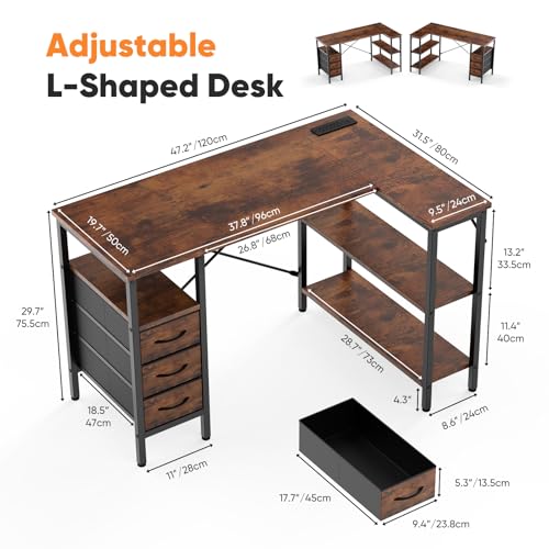 DUMOS L Shaped Desk with Shelf Drawers 47 Inch, Brown Corner Computer Desks Gaming with Power Outlet, Study Table with Adjustable Shelves, Home Office Tables for Bedroom Teacher Reading Writing DUMOS