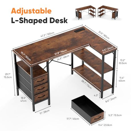 DUMOS L Shaped Desk with Shelf Drawers 47 Inch, Brown Corner Computer Desks Gaming with Power Outlet, Study Table with Adjustable Shelves, Home Office Tables for Bedroom Teacher Reading Writing DUMOS