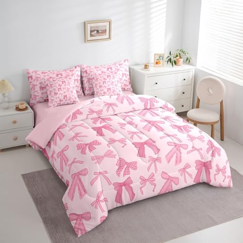 Erosebridal Pink Bowknot Kids Bedding Sets Queen Size, Dreamy Princess Style Comforter Set Cartoon Bow Tie Kawaii Sheet Set with Comforter for Girls Boys Children Women, Cartoon Bow Knot Bed in A Bag Erosebridal