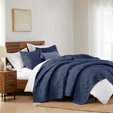 WDCOZY 100% Cotton King Size Quilt Set - Navy Blue Pre-Washed Soft Lightweight Modern Bedspread, Farmhouse Country Rustic Coverlet, Textured Like Linen, Shabby Chic Gauze Bedding, 3 Pieces WDCOZY