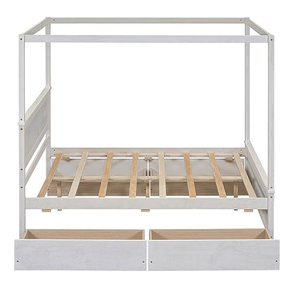 RORIGAT Wood Canopy Bed with 4 Storage Drawers, Full Size Canopy Platform Bed with Support Slats, 4-Post Wood Platform Bed with Headboard,for Kids Teens Adult, No Box Spring Needed,Brushed White