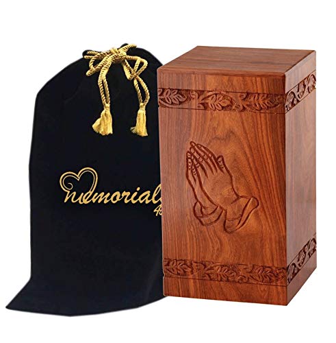 Memorials4u Solid Rosewood Cremation Urn with Hand-Carved Praying Hand Design and Custom Engraved Brass Plate for Human Ashes - Adult Funeral Urn Handcrafted and Engraved - Urn for Ashes - Wood Urn MEMORIALS 4U