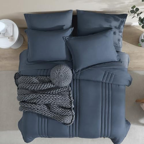 Monbix King Size Comforter Set - 7 Pieces Bed in a Bag King, Blue Gray Bedding Sets with Comforter, All Seasons Comforter Bed Set with Sheets, Pillowcases & Shams Monbix